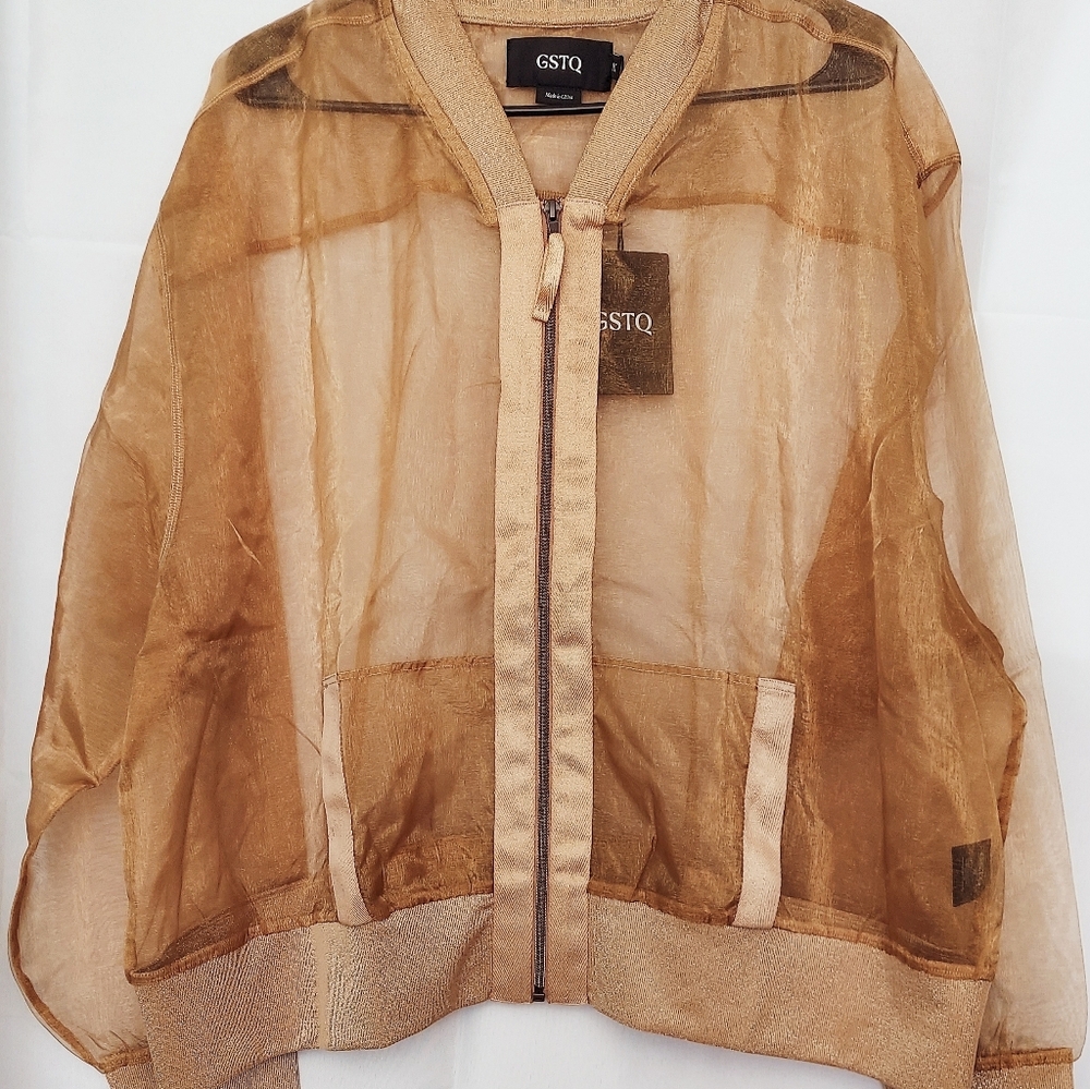 GSTQ Sheer Metallic Gold Jacket Womens Size 3X NWT Travel Vacation Office Preppy - Picture 16 of 16